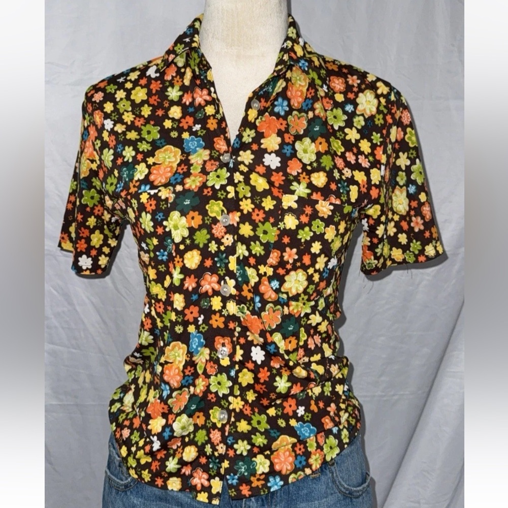 Talbots Floral Button Down Shirt - Black and Multicolor boho hippie top